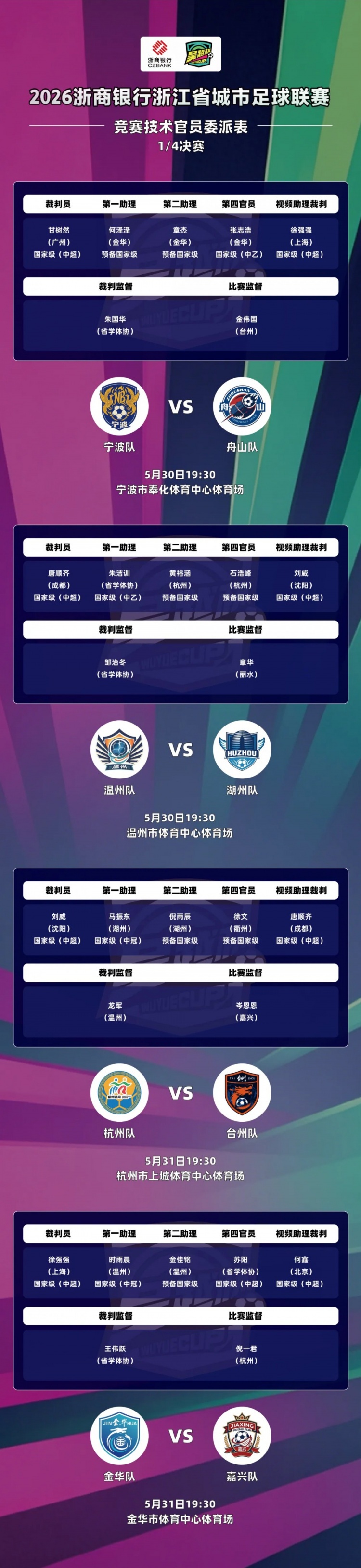 吳越杯四分之一決賽外省中超裁判全覆蓋，唐順齊、甘樹然分別執(zhí)法