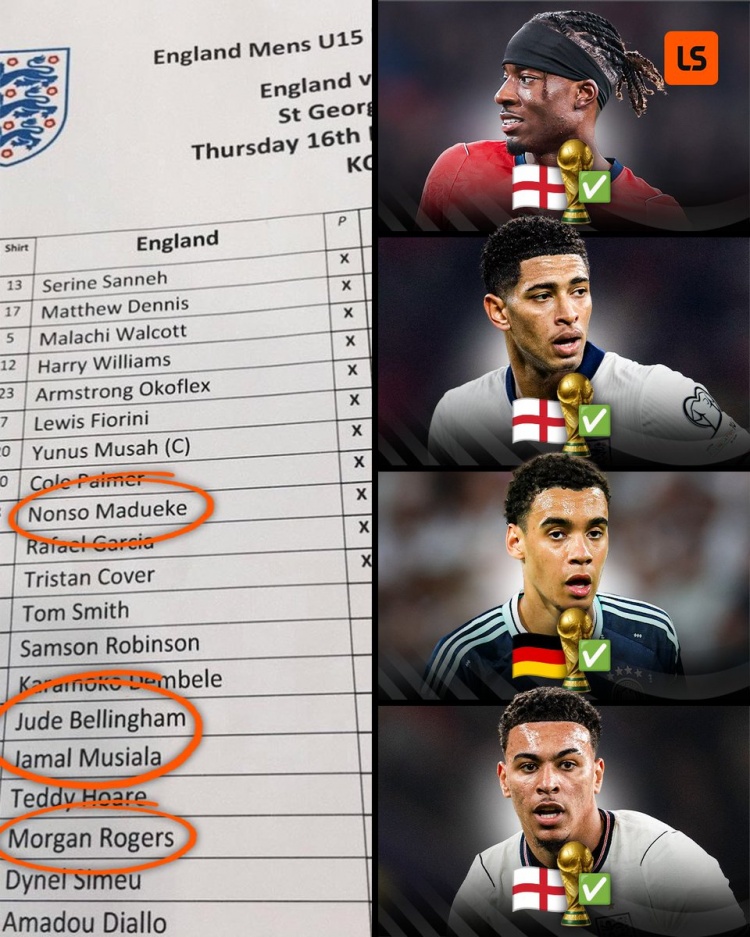 英格蘭U15四子齊聚2026世界杯：貝林穆西亞拉領(lǐng)銜，帕爾默落選